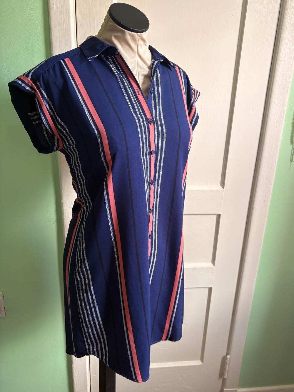 Express Navy Tunic with Coral and White Vertical Stripes